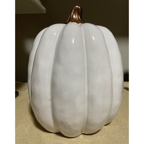 Halloween White Ceramic Lighted 11” Tall Sugar Skull Pumpkin Decoration - Picture 6 of 8